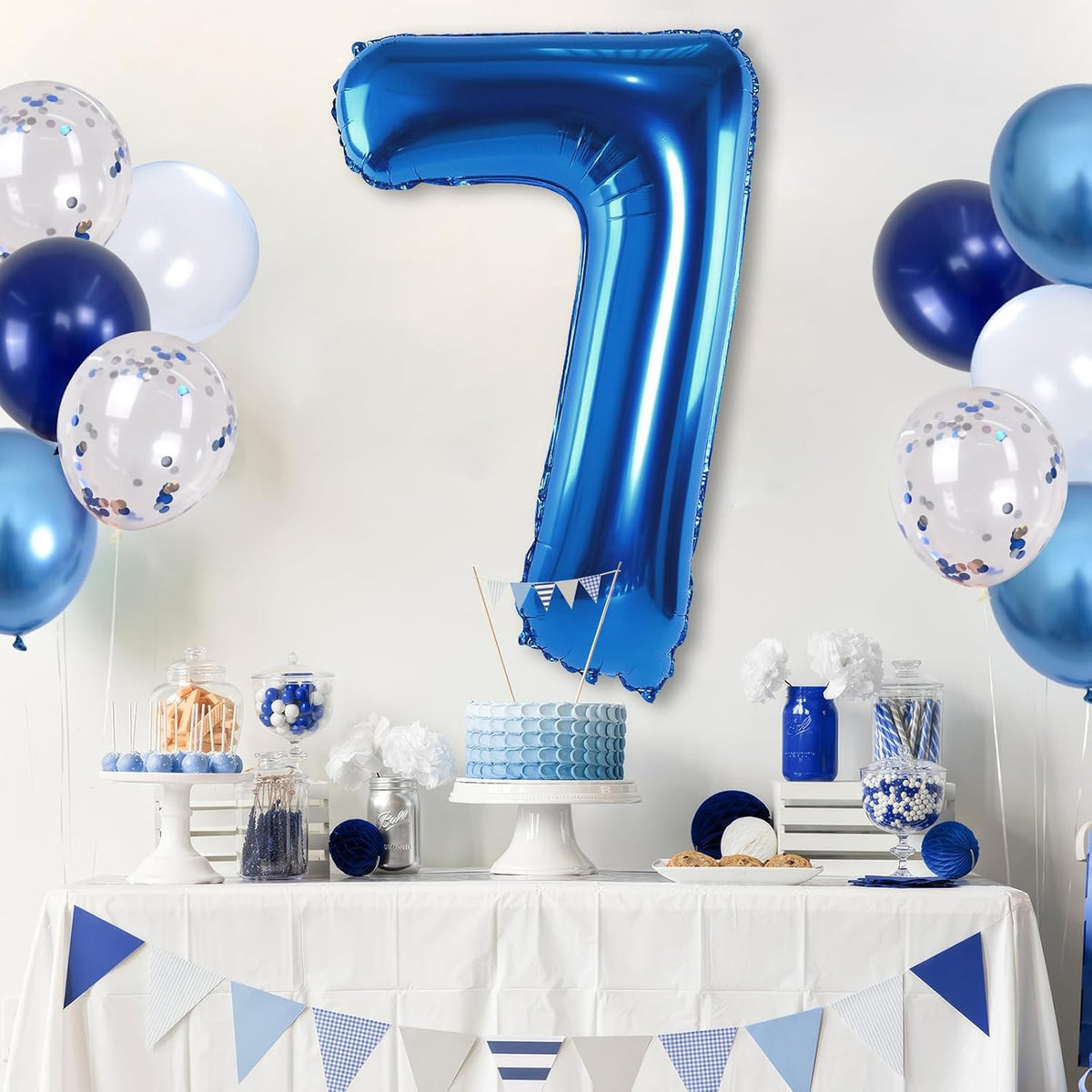7 Balloon Number Dark Blue, Big Number 7 Mylar Balloon Pastel Navy Blue with Metallic Silver