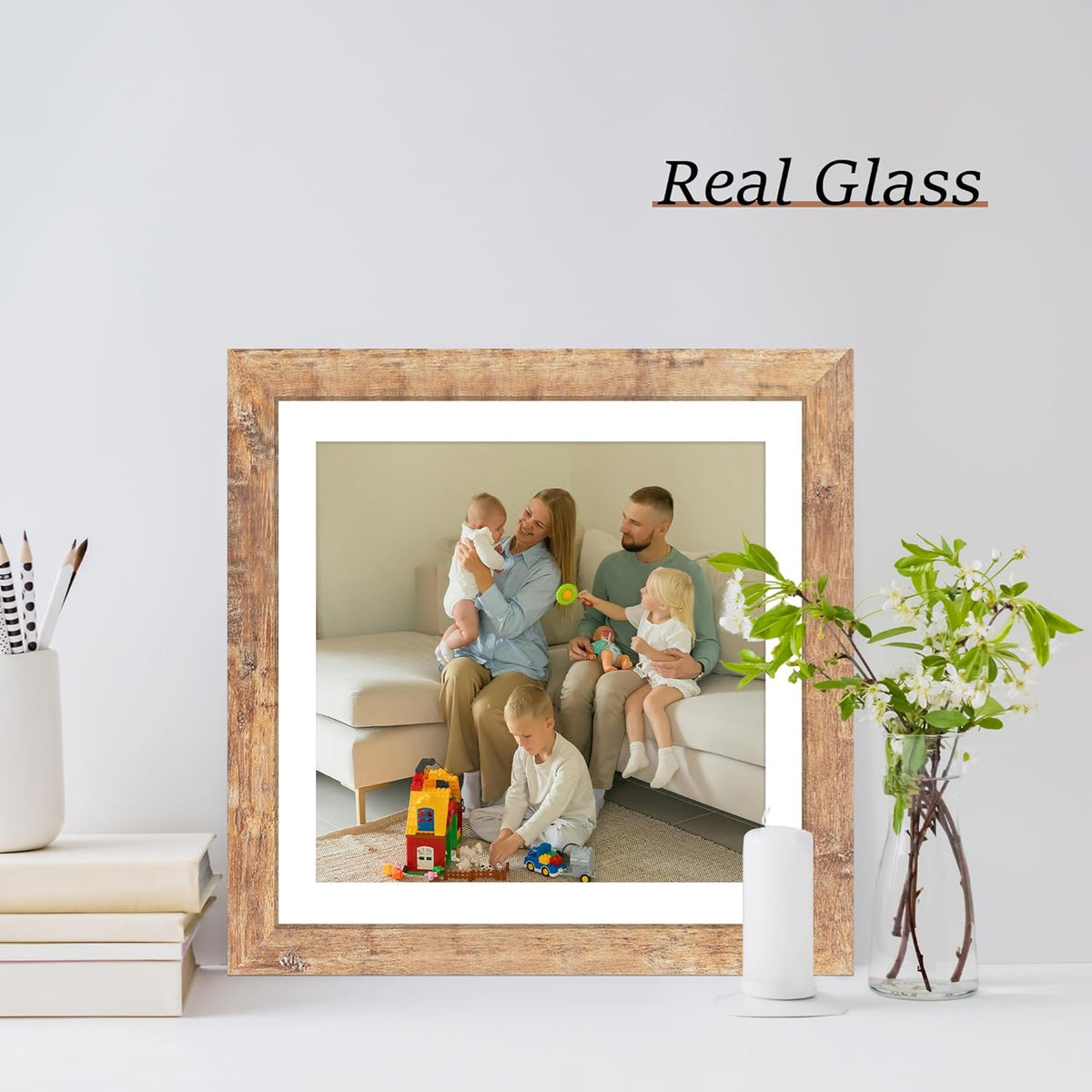 12x12 Picture Frame Set of 4 with Tempered Glass, Rustic Brown Frame Display 10x10 Pictures with