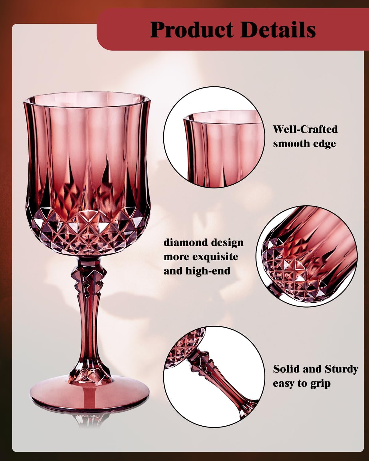 Ciaell 24PCS Burgundy Plastic Wine Glasses - 7 Oz Plastic Goblets for Party - Burgundy Vintage