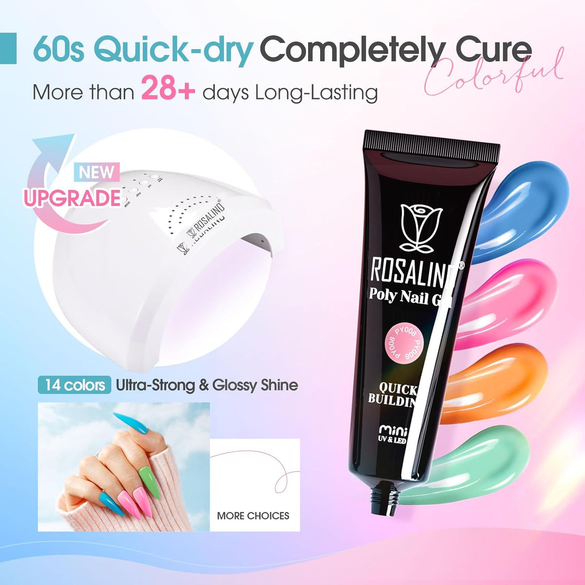 Poly Nail Gel Starter Kit -14 Colors + 75 Nail Art Accessories Kit, ROSALIND Neon Poly Extension