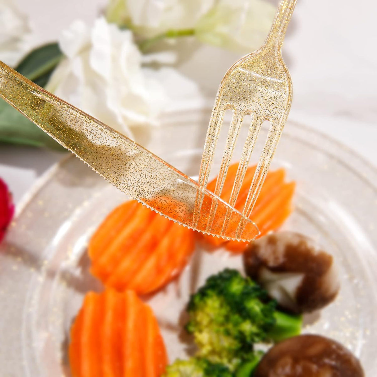 Supernal 300pcs Gold Glitter Plastic Cutlery Disposable Utensils Gold Plastic Silverware Sets
