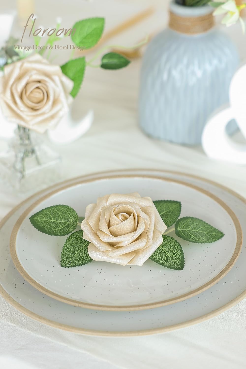 Floroom Artificial Flowers 25pcs Real Looking Champagne Gold Foam Fake Roses with Stems for DIY