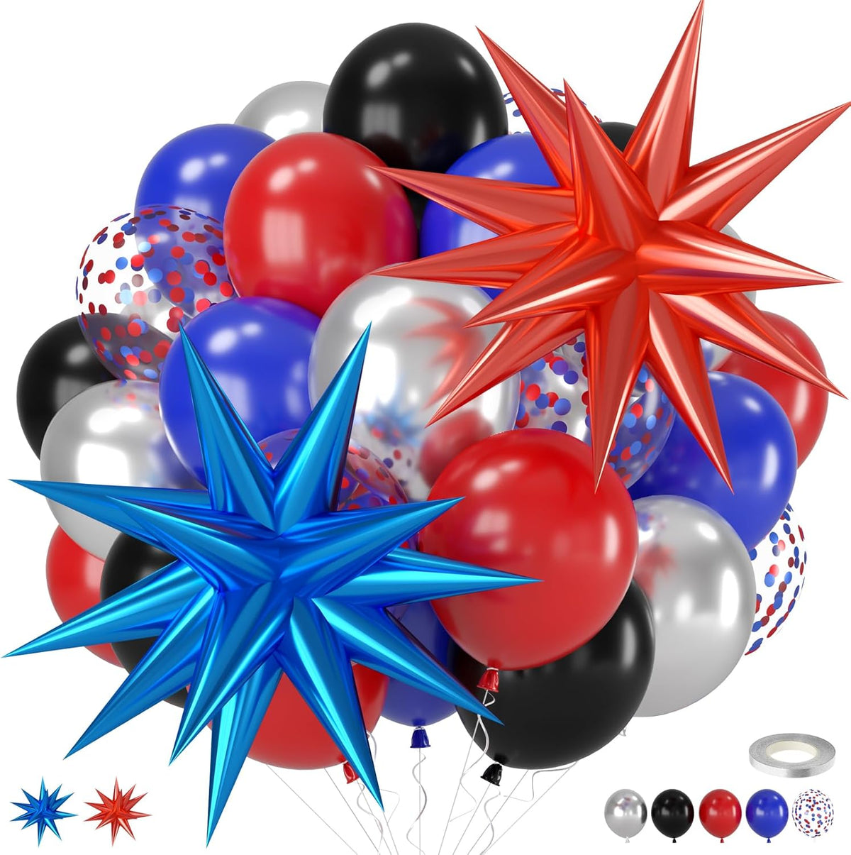 Red Blue Black Balloons, 12 Inch Black Red Royal Blue Metallic Silver Confetti Balloons with Star
