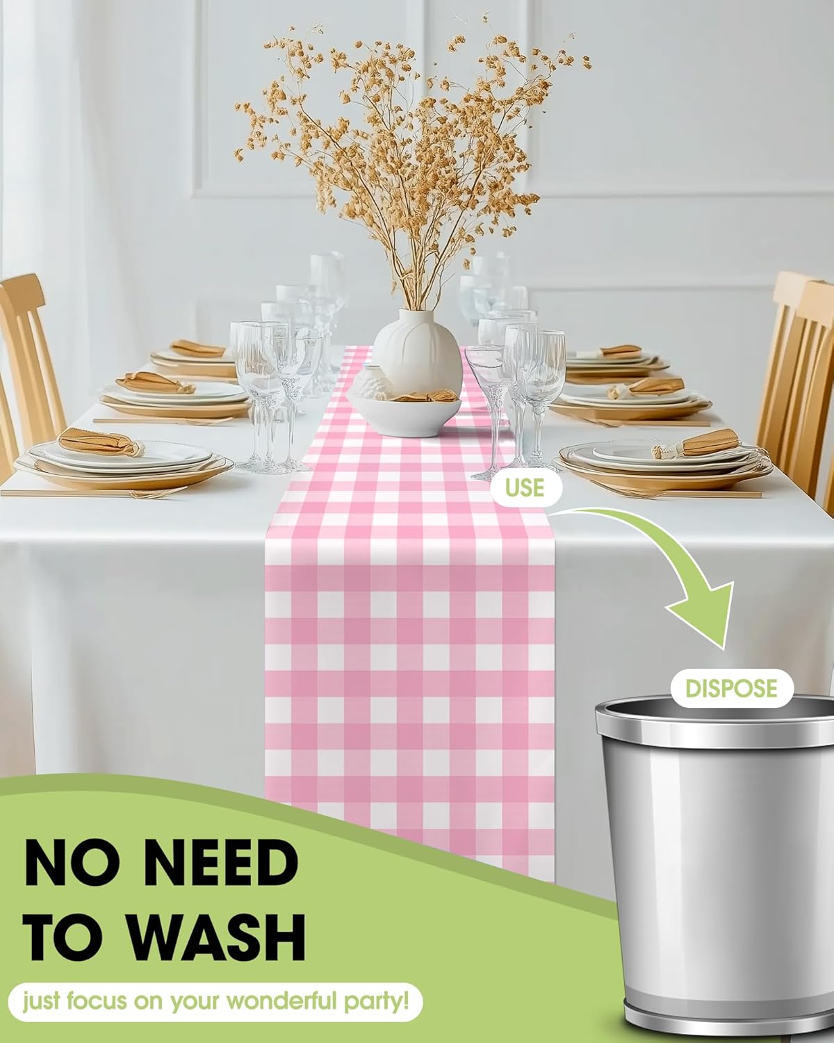 Pureegg Gingham Plastic Table Runners - 10 Pack, 14'' x 108'', Water Resistant & Disposable Plaid