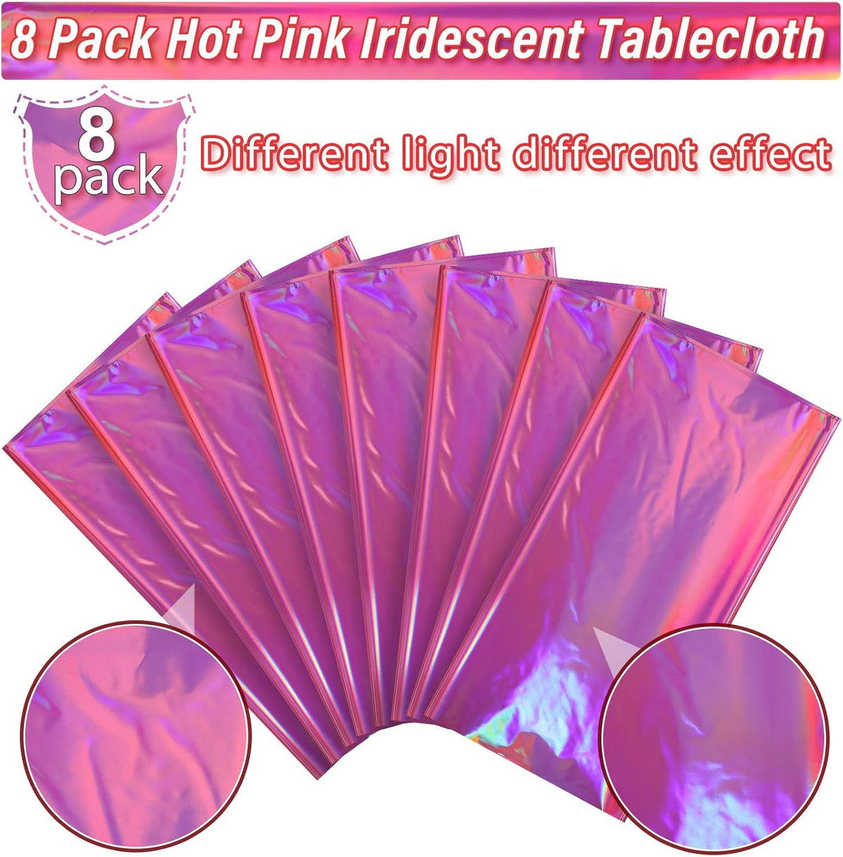 8 Pack Hot Pink Iridescence Plastic Tablecloths Shiny Disposable Laser Rectangle Table Covers
