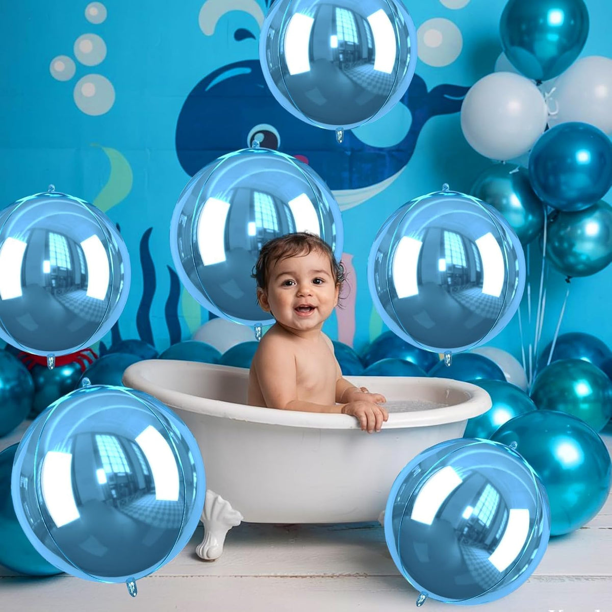Blue Giant 4D Foil Balloons, Saxuxu 6Pcs Large Metallic Blue Round Balloons, 22 Inch Big Round Foil