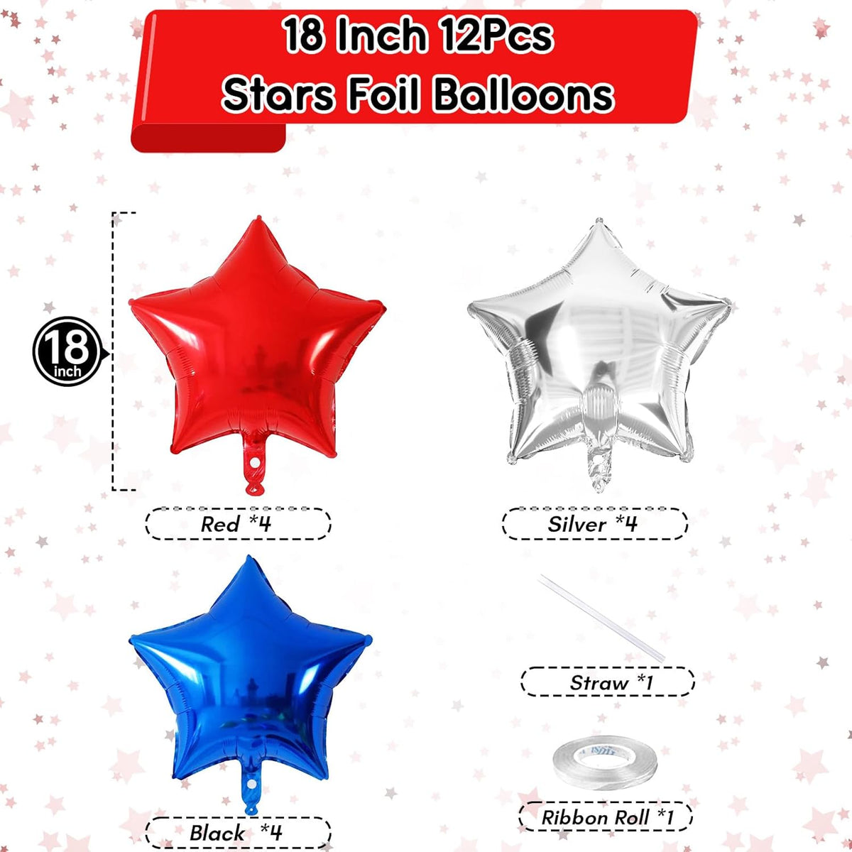 Blue Red Star Balloons, 18 Inch 12Pcs Navy Blue Red and Metallic Silver Stars Shape Foil Balloons
