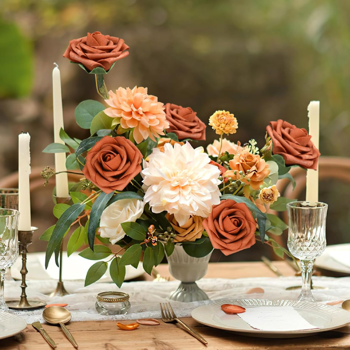 AmyHomie Artificial Flowers Burnt Orange Rose 25pcs Real Looking Fake Roses w/Stem for DIY Wedding