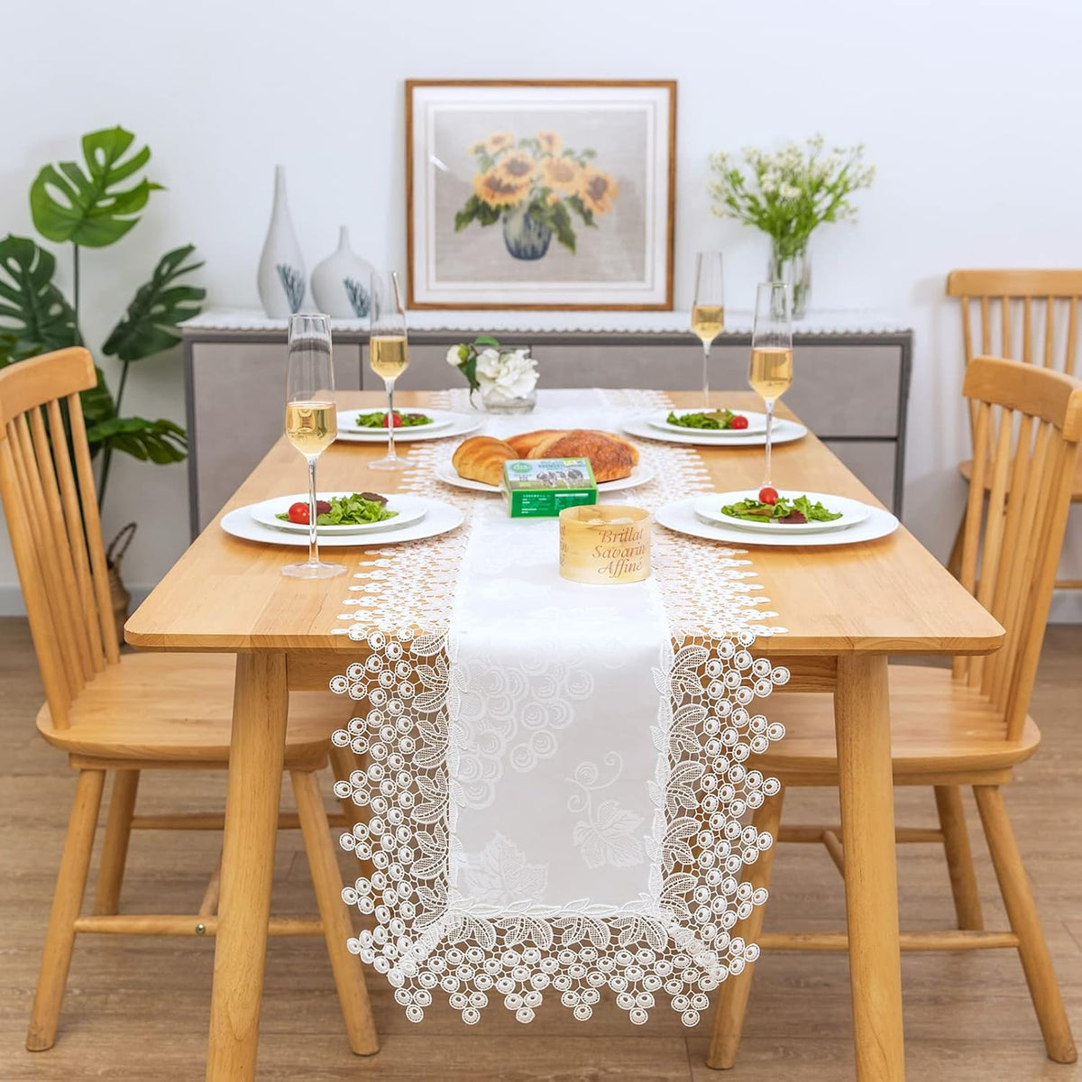 White lace Premium Rectangle Farmhouse Table Runner Waterproof OilProof SpillProof AntiShrink Soft
