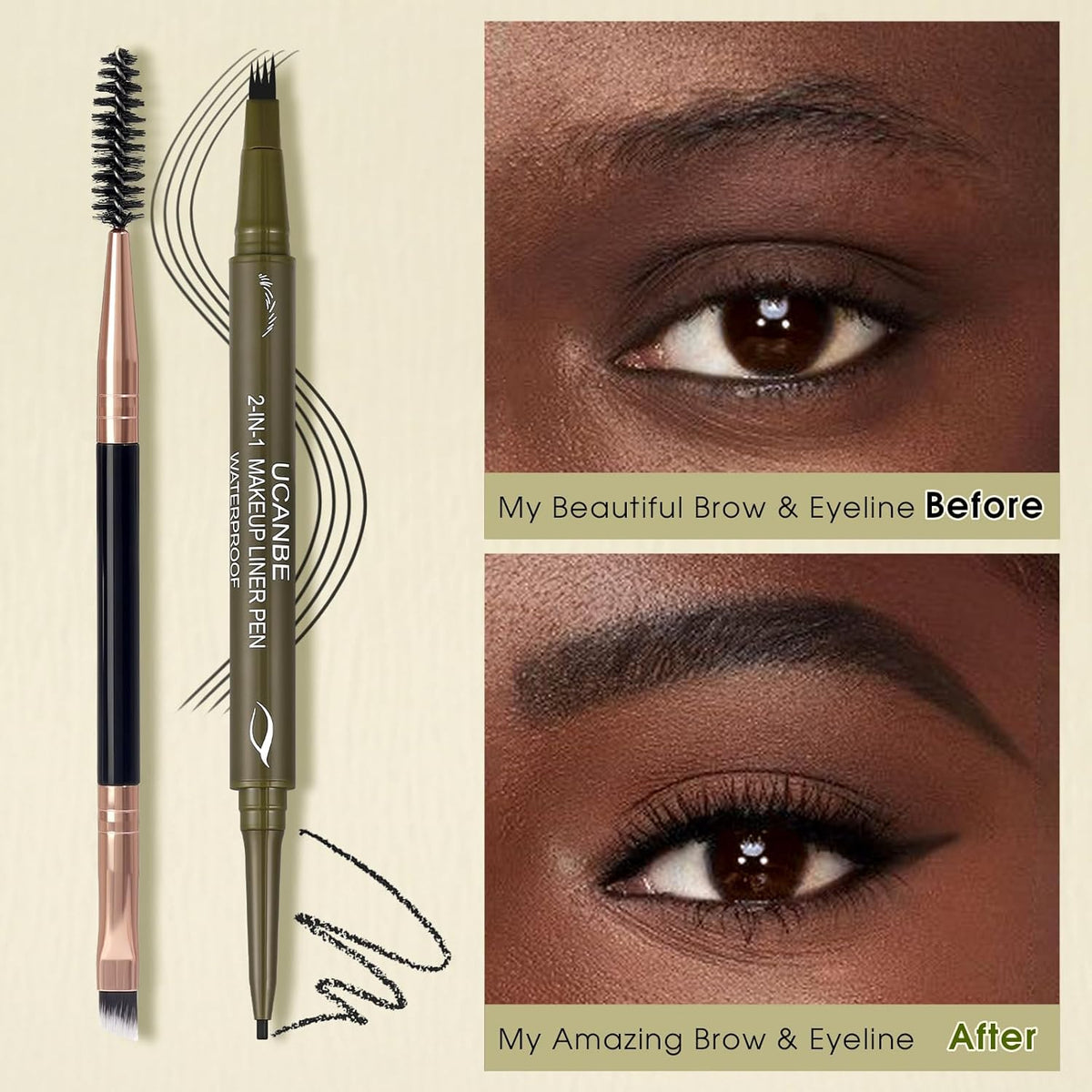 UCANBE Eyebrow Pencils for Women with Spoolie Brush, Dual-Ended Eyebrow Pen with 4-Fork-Tip & Gel