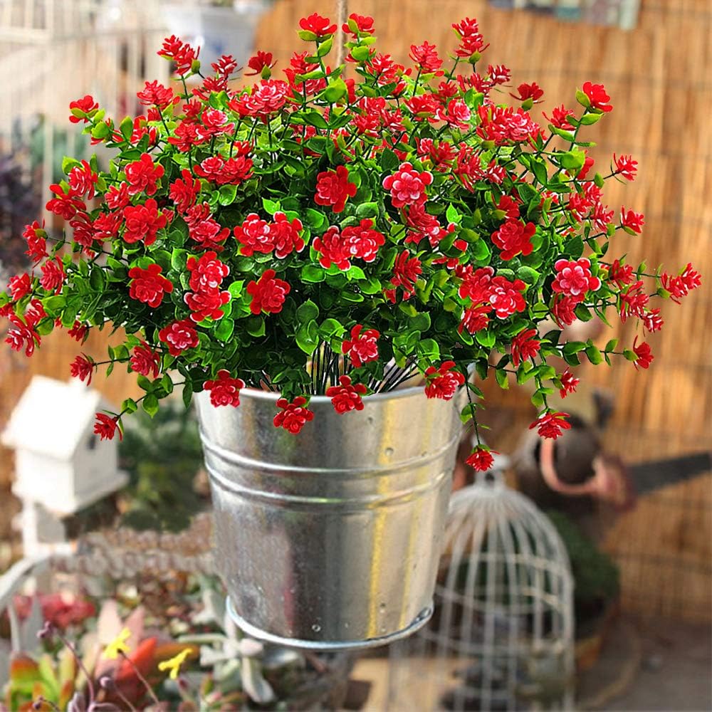 10 Bundles Artificial Fake Flowers, Faux Outdoor Plastic Plants UV Resistant Shrubs Outside Indoor