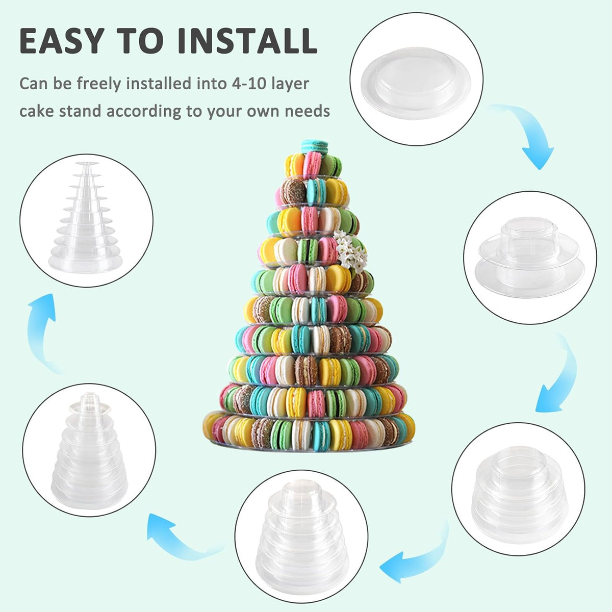 Macaron Tower Stand for Wedding Birthday Party, 4" - 13" Transparent Plastic Round Macaron Tower
