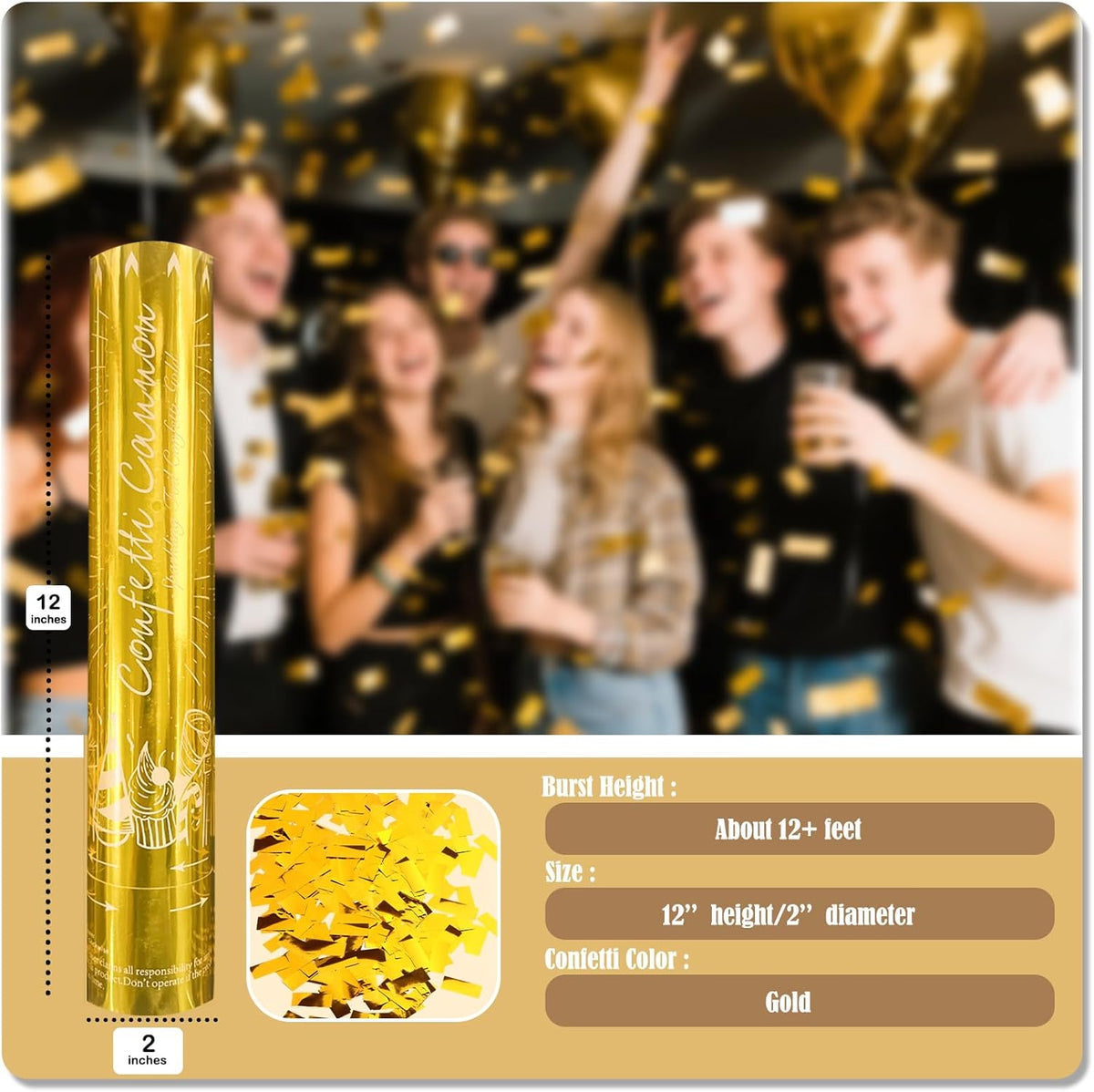 5-Pack Gold Confetti Poppers, 12-Inch Recyclable Confetti Cannons for Weddings, Birthdays