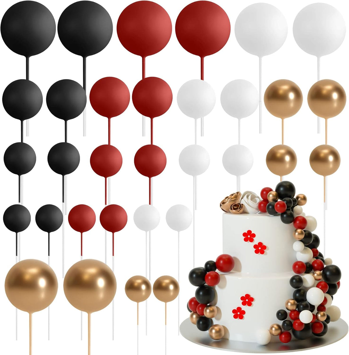 ASTARON 32 Pcs Ball Cake Topper Decorations Mini Balloons Cake Topper Sticks Foam Balls Cake Picks