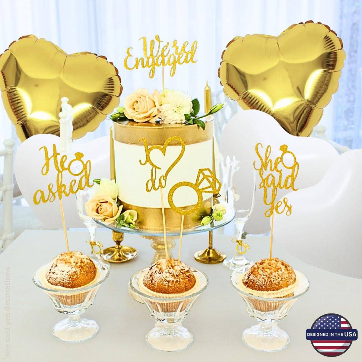 248 Pc Premium Engagement Party Decorations, Gold and White Bridal Decorations, He Asked She Said