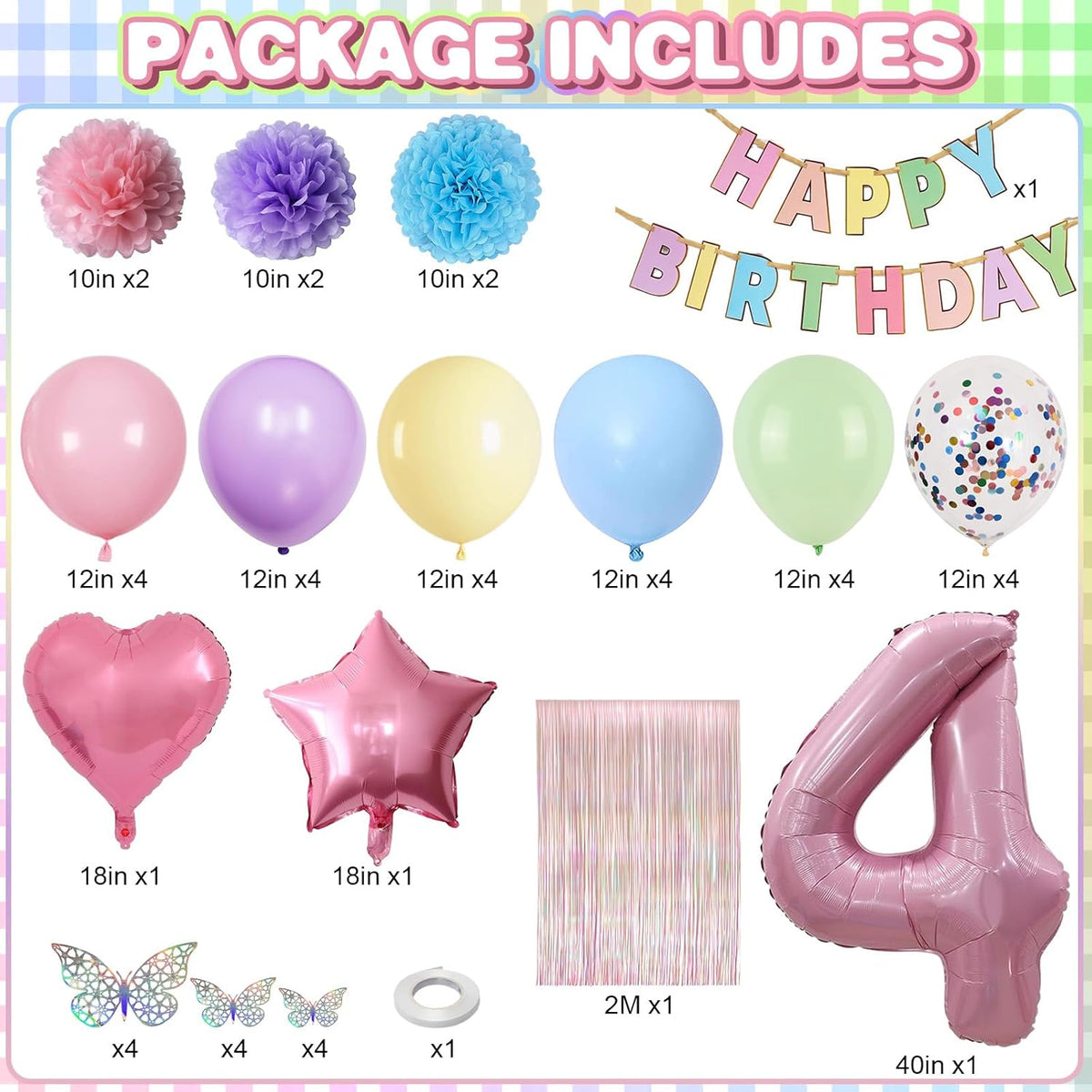 Pastel 4th Birthday Party Decorations for Girls Number 4 Balloon Happy Birthday Banner Butterfly