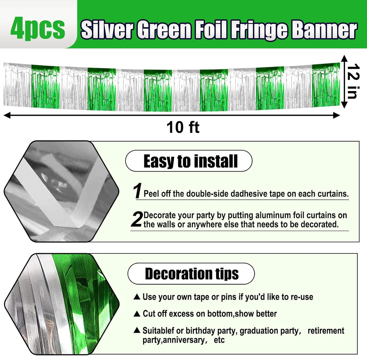 4 Pack 10 Feet Silver Green Foil Fringe Garland Metallic Tinsel Streamers Banner Wall Hanging