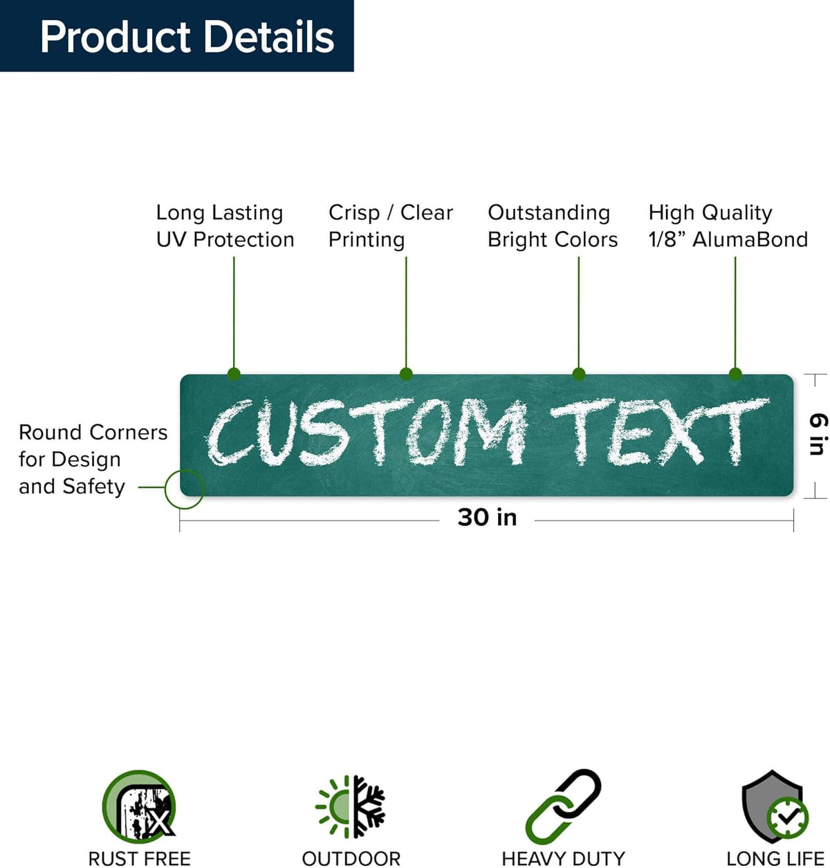 Custom Sign, Custom Street Sign, 11 Font Colors, 13 Font Styles, 4 Hole Options, 22 Sizes, 6x30