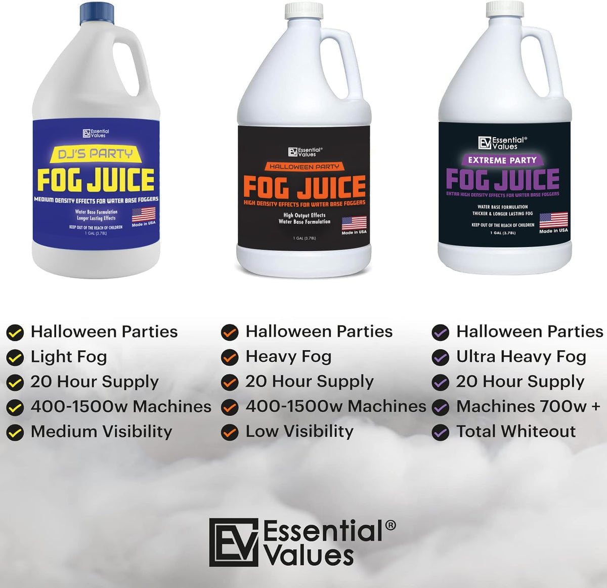 Essential Values Fog Machine Fluid - Extreme High Density Fog Juice (128 FL OZ / 1 Gallon)