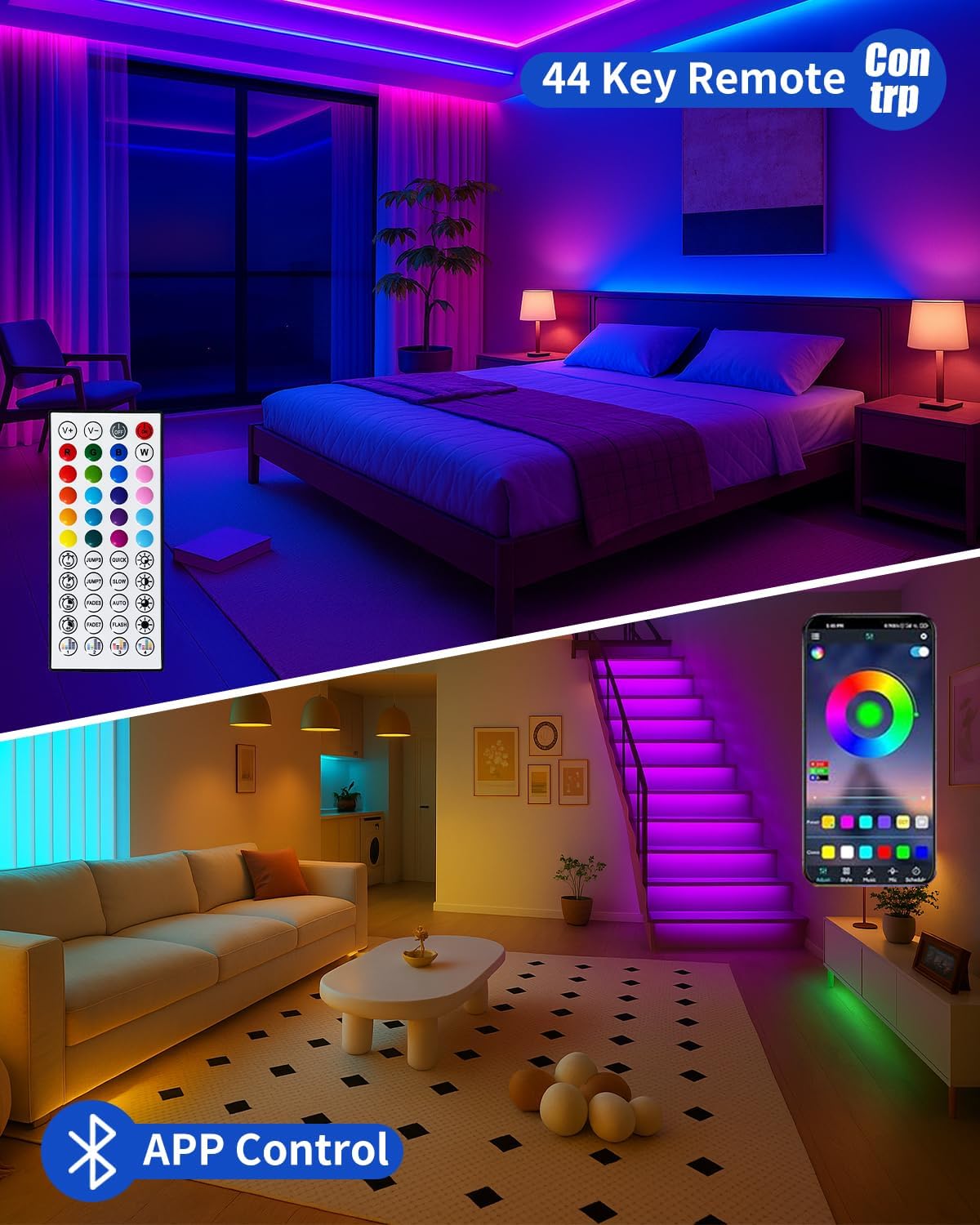 Smart LED Strip Lights 50FT for Bedroom App Control Lighting Bedroom Rome Decor with Remote, RGB