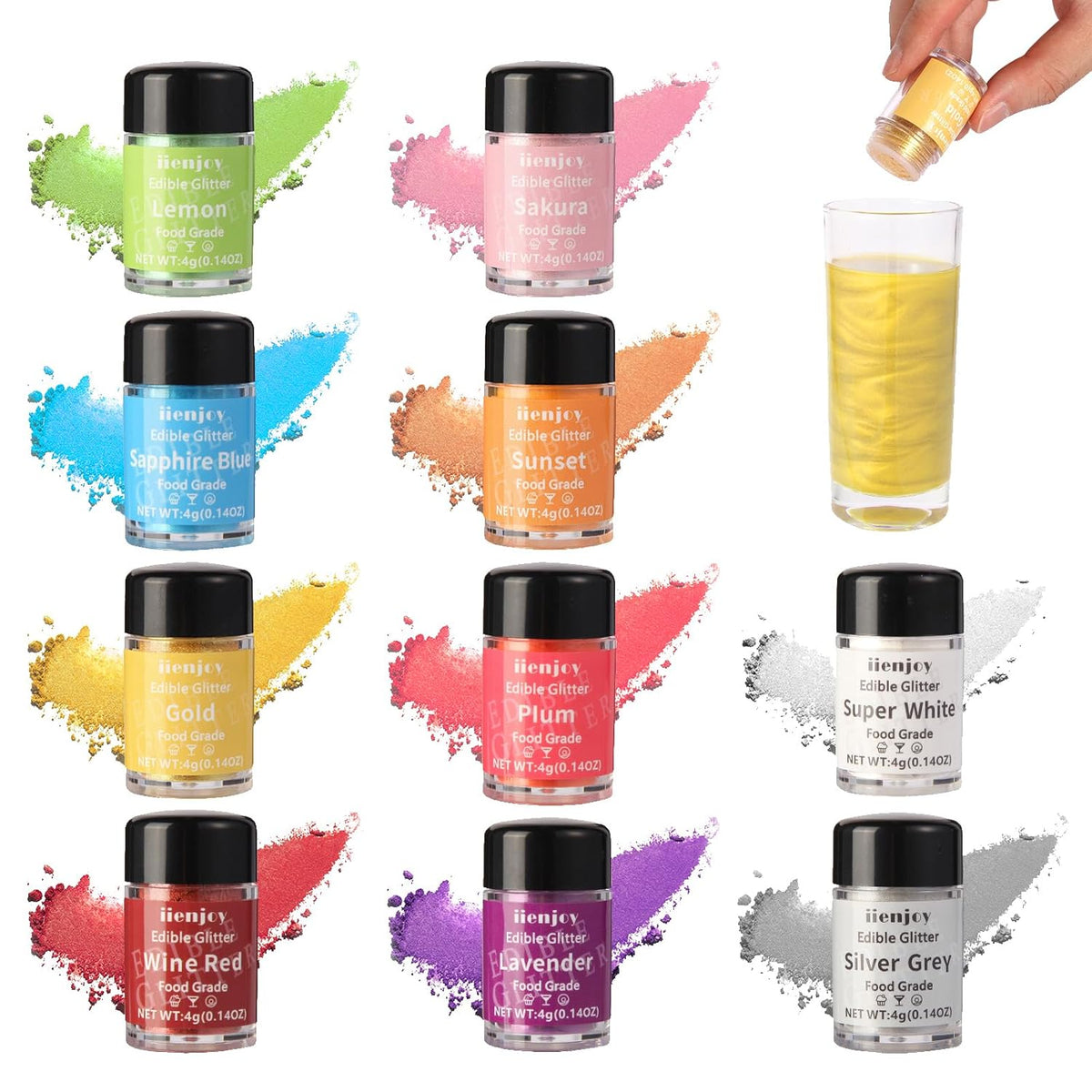 10 Colors Edible Glitter for Cocktails, Cakes, Drinks, Baking, Strawberries, Cupcakes, Cookies