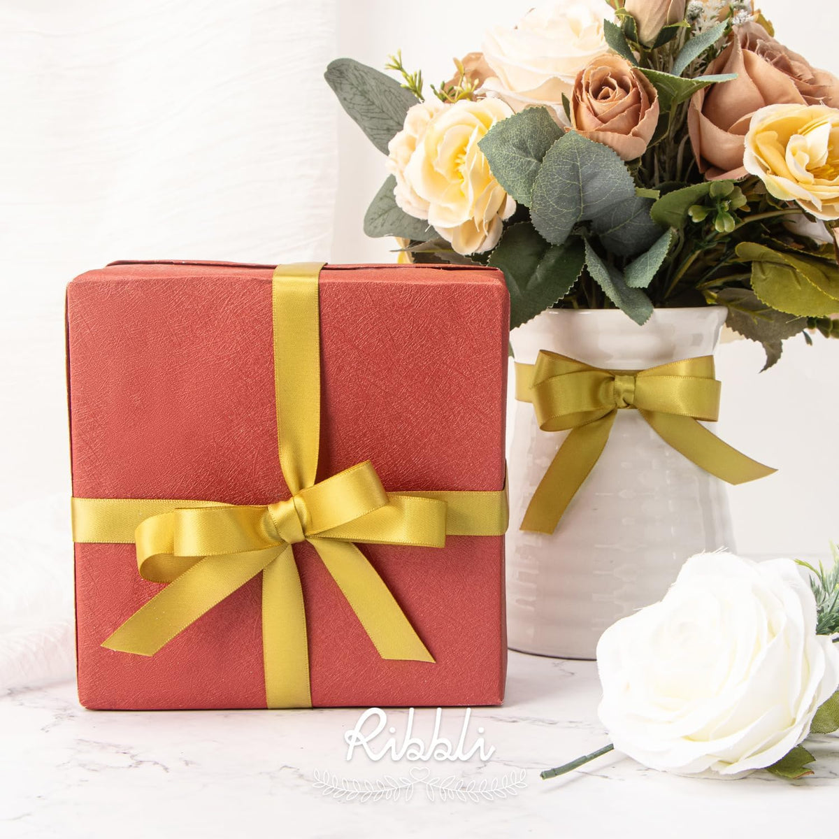 Ribbli Gold Satin Ribbon 5/8 inch x Continuous 25 Yards,Double Faced Satin Use for Craft, Gift