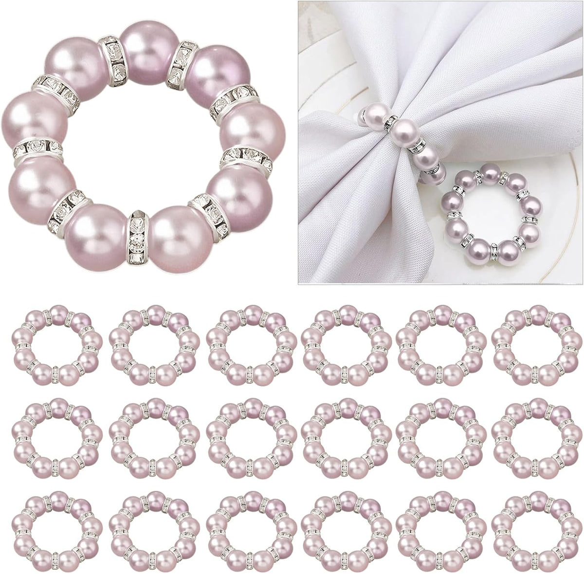 20Pcs Pearl Napkin Rings, Pink Beaded White Silver Round Buckles, Set of 6, Wedding and Formal