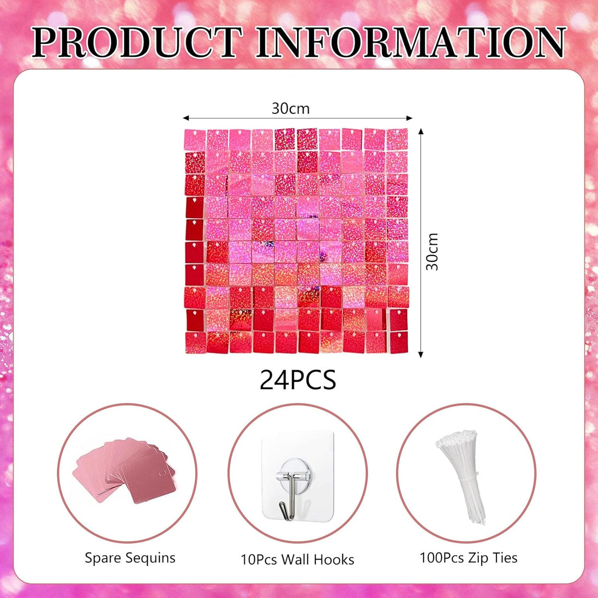 24PCS Deep Pink Shimmer Wall Backdrop, Laser Square Sequin Photo Backdrops Panel, Glitter Wall