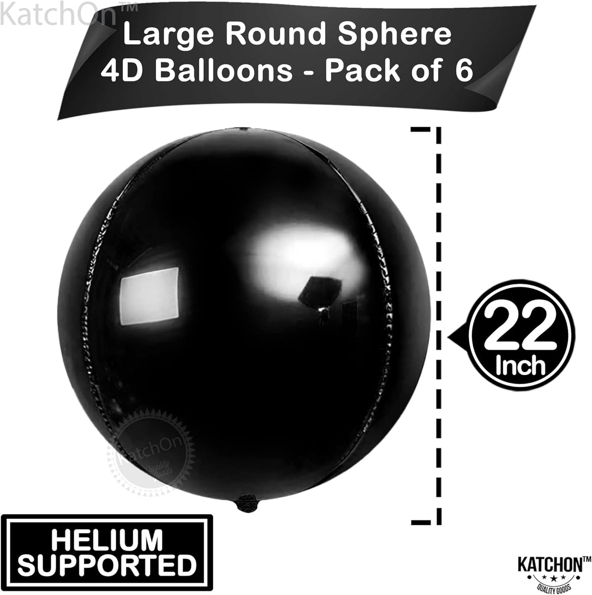 KatchOn, Large Black Mylar Balloons - 22 Inch, Pack of 6 | Round 4D Mylar Balloon | Black Balloons