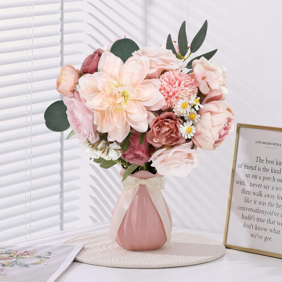 AmyHomie Pink Artificial Flowers Combo Silk Mix Peony Rose Hydrangea Daisy Fake Flowers w/Stem for
