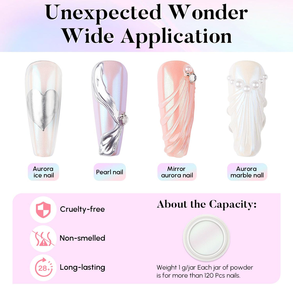 AIMEILI Pearl Chrome Nail Powder, Vegan, Cruelty Free, 4 Colors Aurora Metallic Holographic Mirror