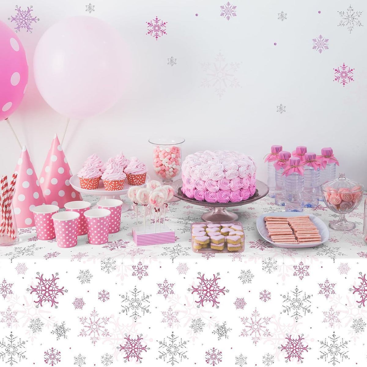 6 Pcs Christmas Snowflake Party Tablecloths Decorations,Plastic Pink Winter Onederland Rectangle
