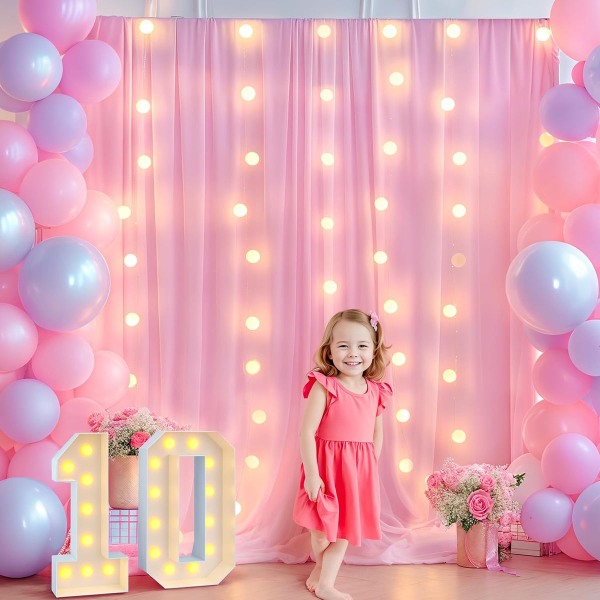Pink Backdrop Curtains with Lights for Parties,10x10FT Wrinkle Free Polyester Wedding Photo