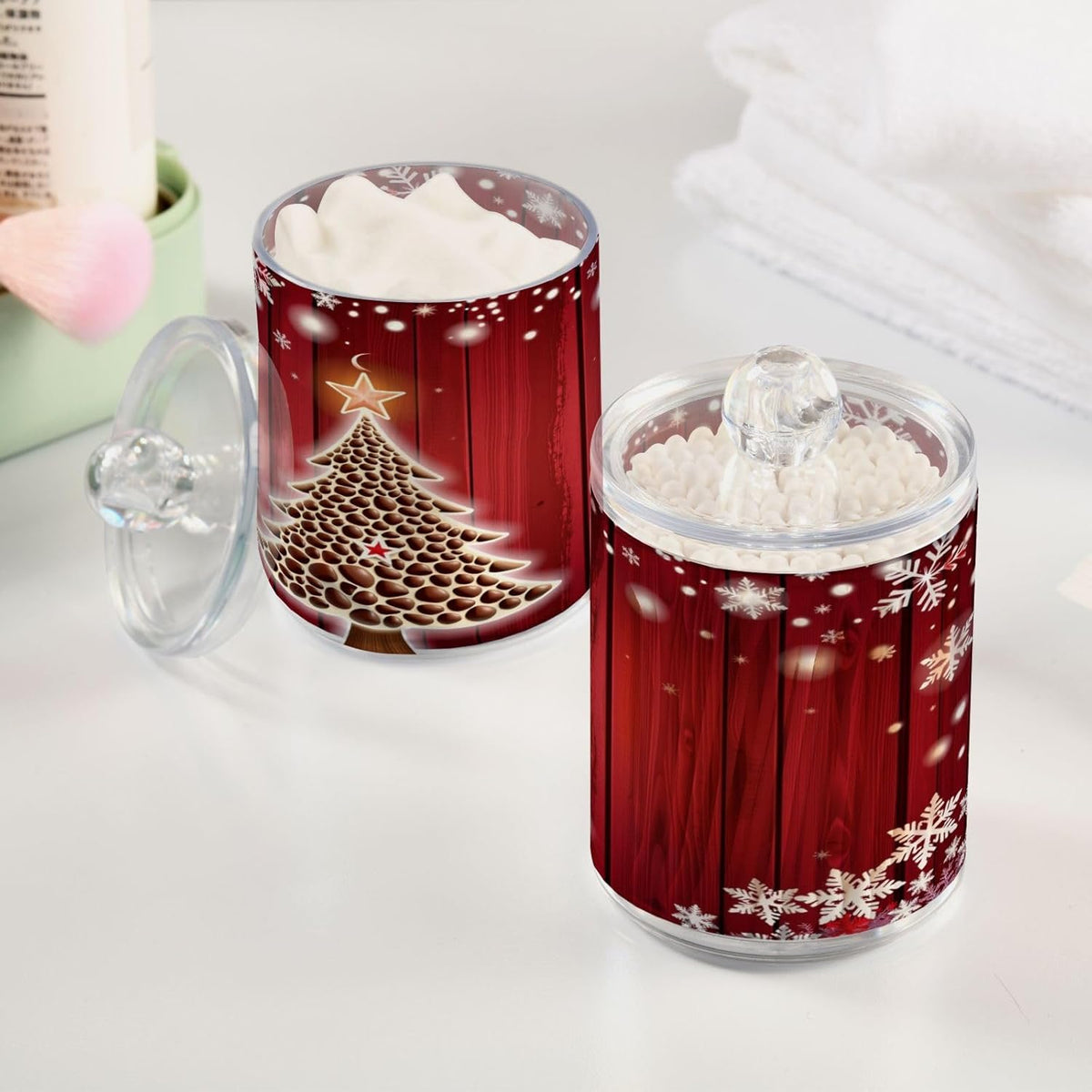 Gredecor Christmas Winter Qtip Holder Dispenser 2 Pack Christmas Tree Red Snowflakes Bathroom