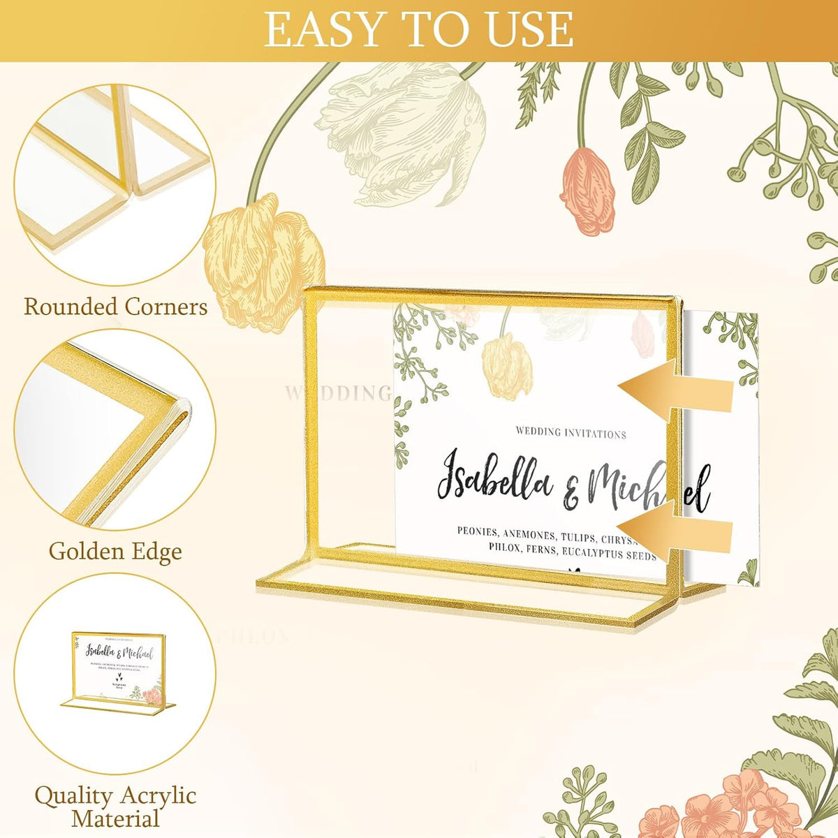 Hoteam 24 Pack 7 x 5 Clear Acrylic Sign Holder with Gold Borders, Gold Picture Frame, Double Sided