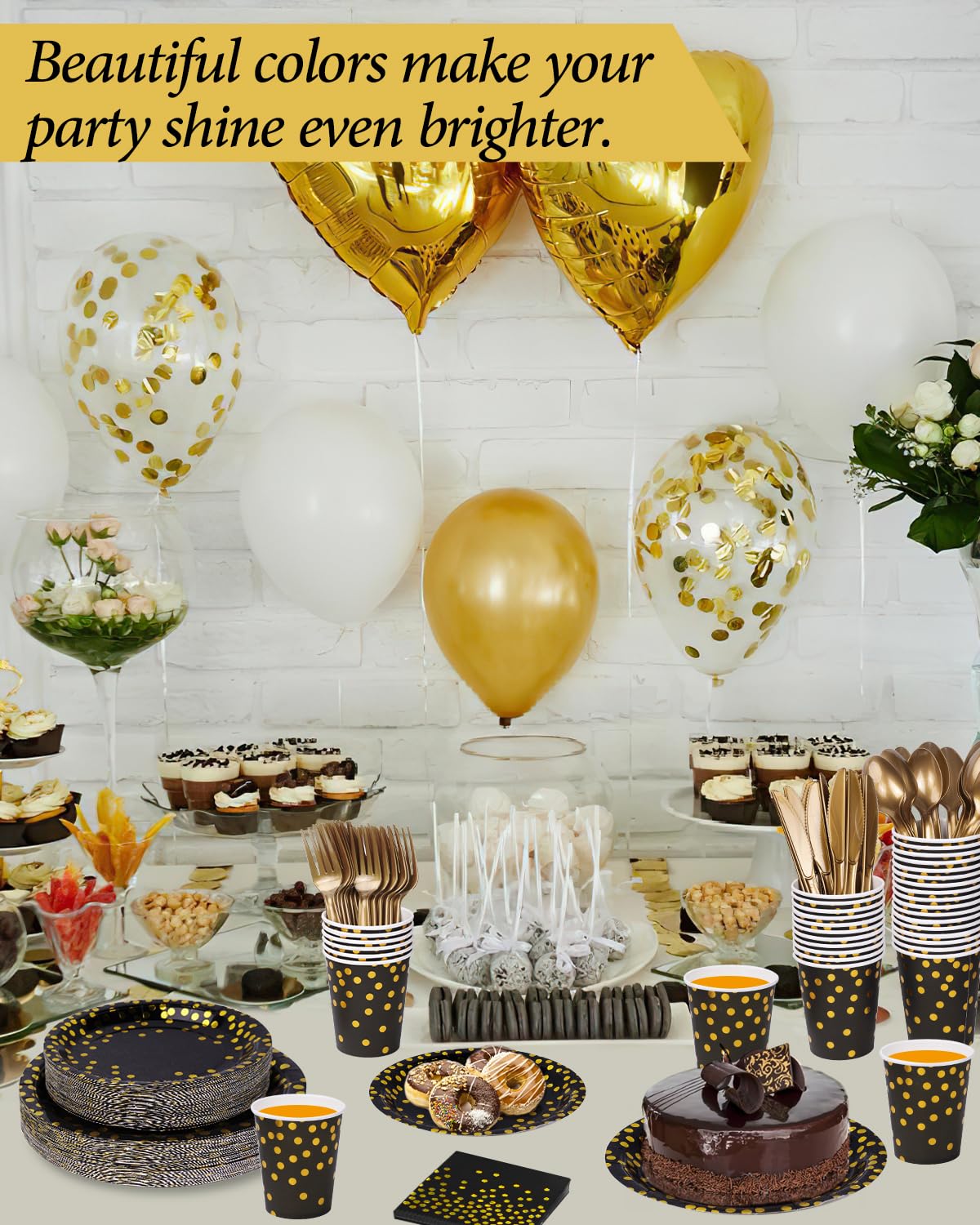 224 Pieces Party Supplies, Black and Gold Party Plates Cups and Napkins Sets with Plastic Knives