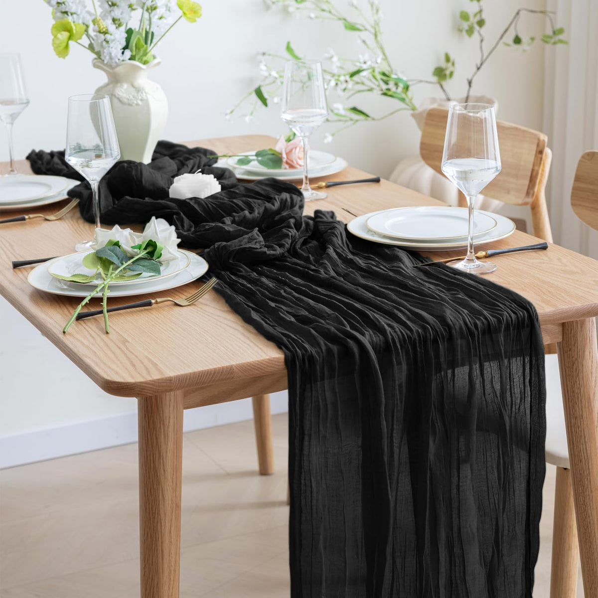 Asee'm 12pcs Cheesecloth Table Runner 120 Inches Long Black Boho Gauze Cheese Cloth Runner 10FT