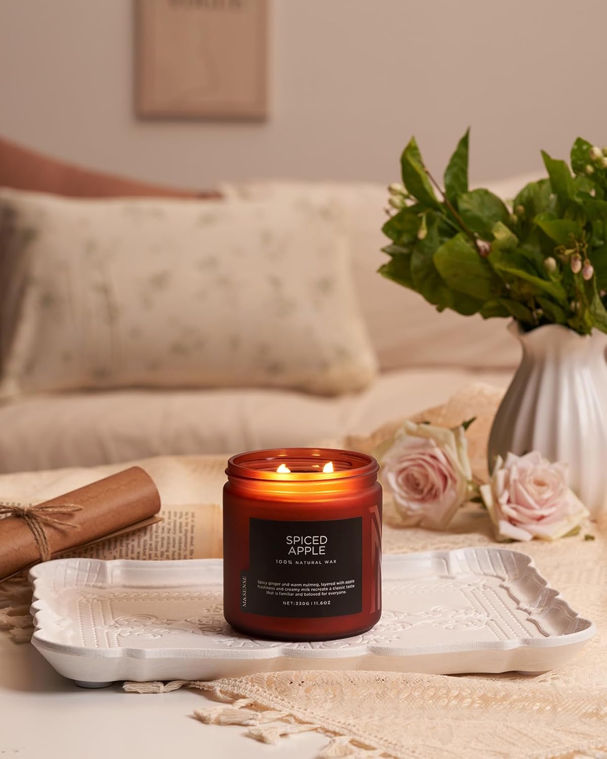 M&SENSE Spiced Apple 2 Wick Fall Scented Candle, 11.6oz Natural Soy Wax Candle for Autumn Decor, Up