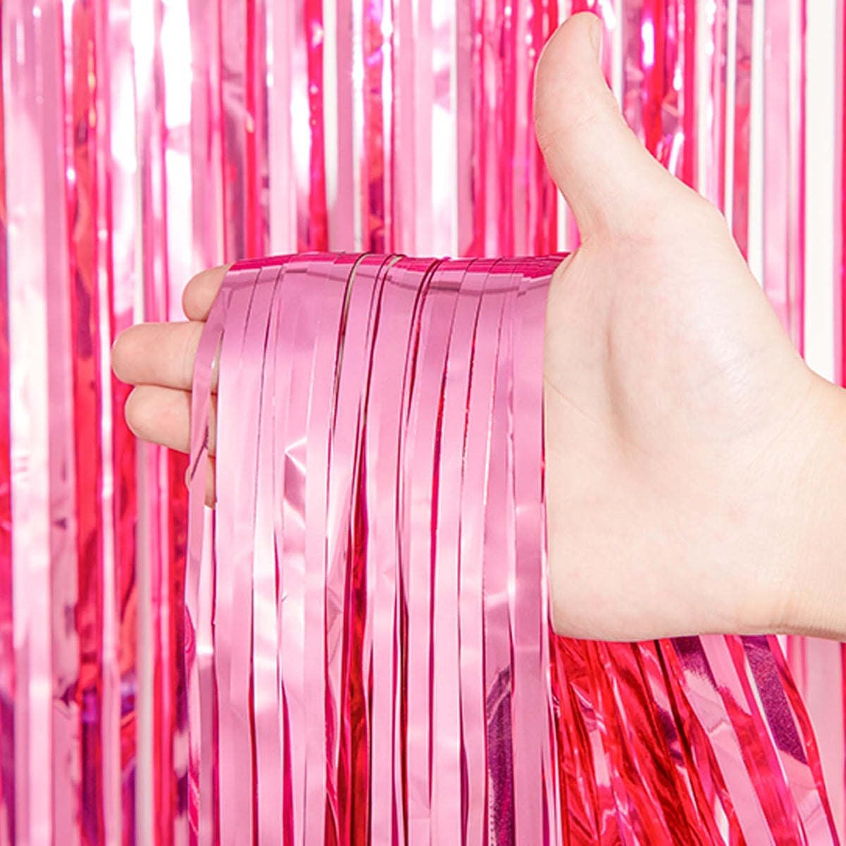 2 Pack Pink Tinsel Foil Fringe Curtains, Pink Party Decorations, Metallic Tinsel Party Streamers