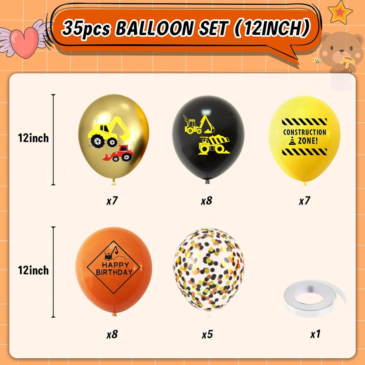 Construction Balloons, 12 Inch Gold Black Yellow Orange Confetti Balloons for Boy Baby Shower