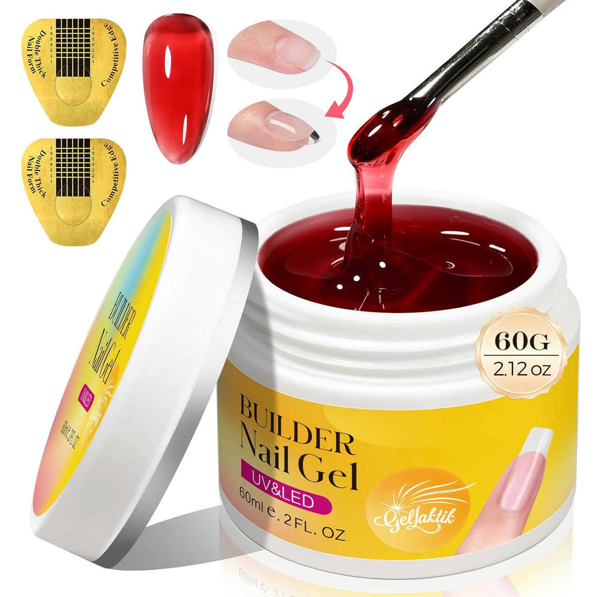 Builder Gel for Nails, 60g Creamy Amber Hard Gel for Nail Extension with 10 Nail Forms