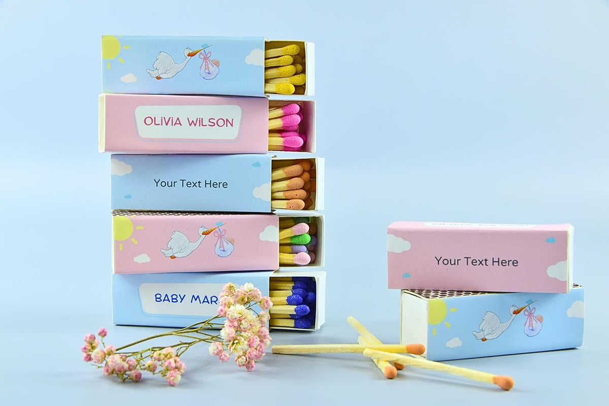 Customizable Baby Shower Matchboxes – Set of 10 – Cute Baby Design – Colorful Matchsticks – Perfect