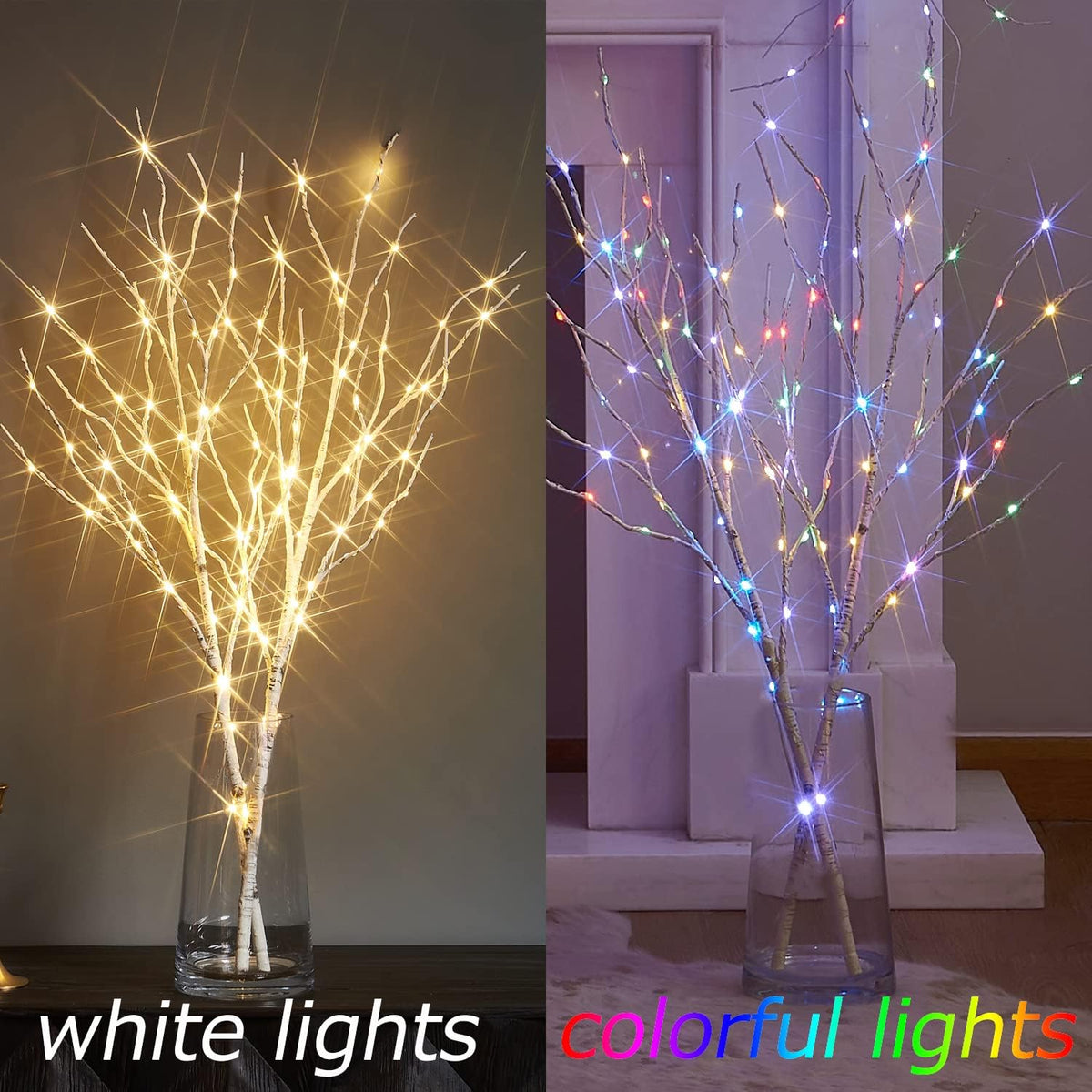 Fudios Lighted White Birch Branches with 100 Multicolor LED Fairy Lights 32in 8 Fuctions, Battery