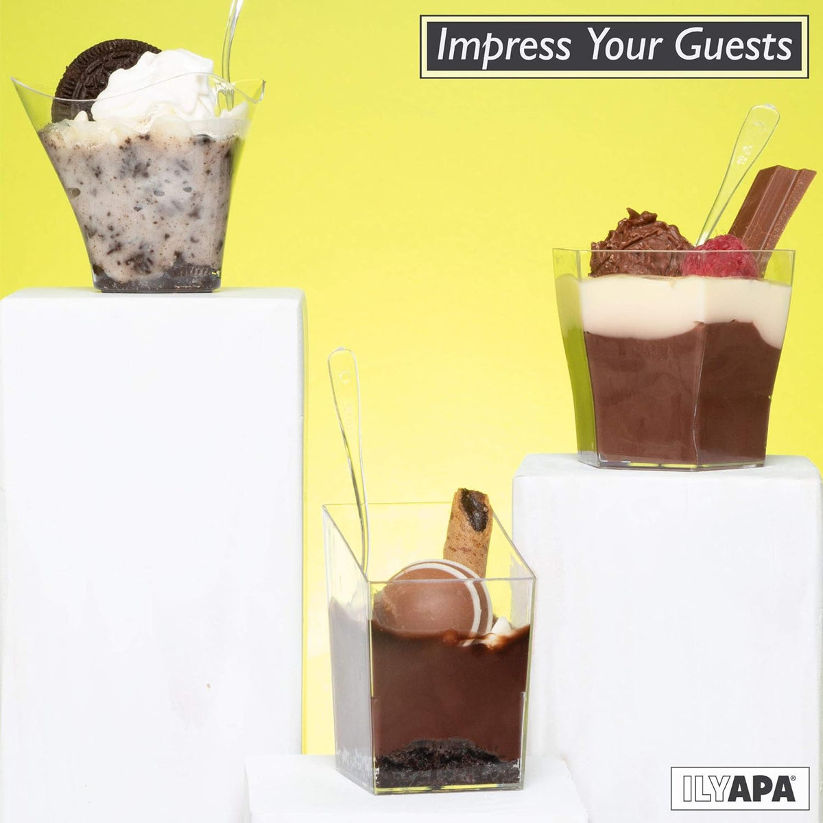 Ilyapa 3.5oz Plastic Dessert Cups - 100 Pack Mini Dessert Cups with Spoons - Clear Reusable Small