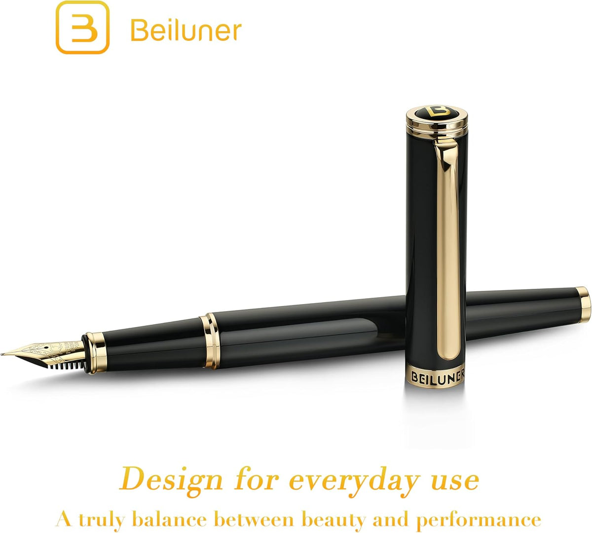 BEILUNER Black Fountain Pen,Stunning Luxury Pens with 24K Gold Accents, Gorgeous 24K Gilded