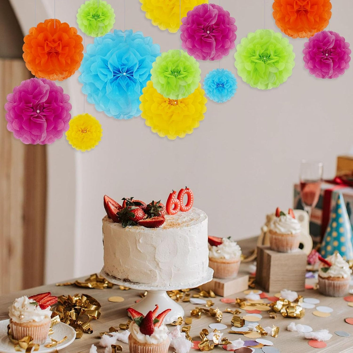 Tissue Paper Pom Poms, Colorful Tissue Paper Flowers, Hanging Flower Balls for Easter Weddings