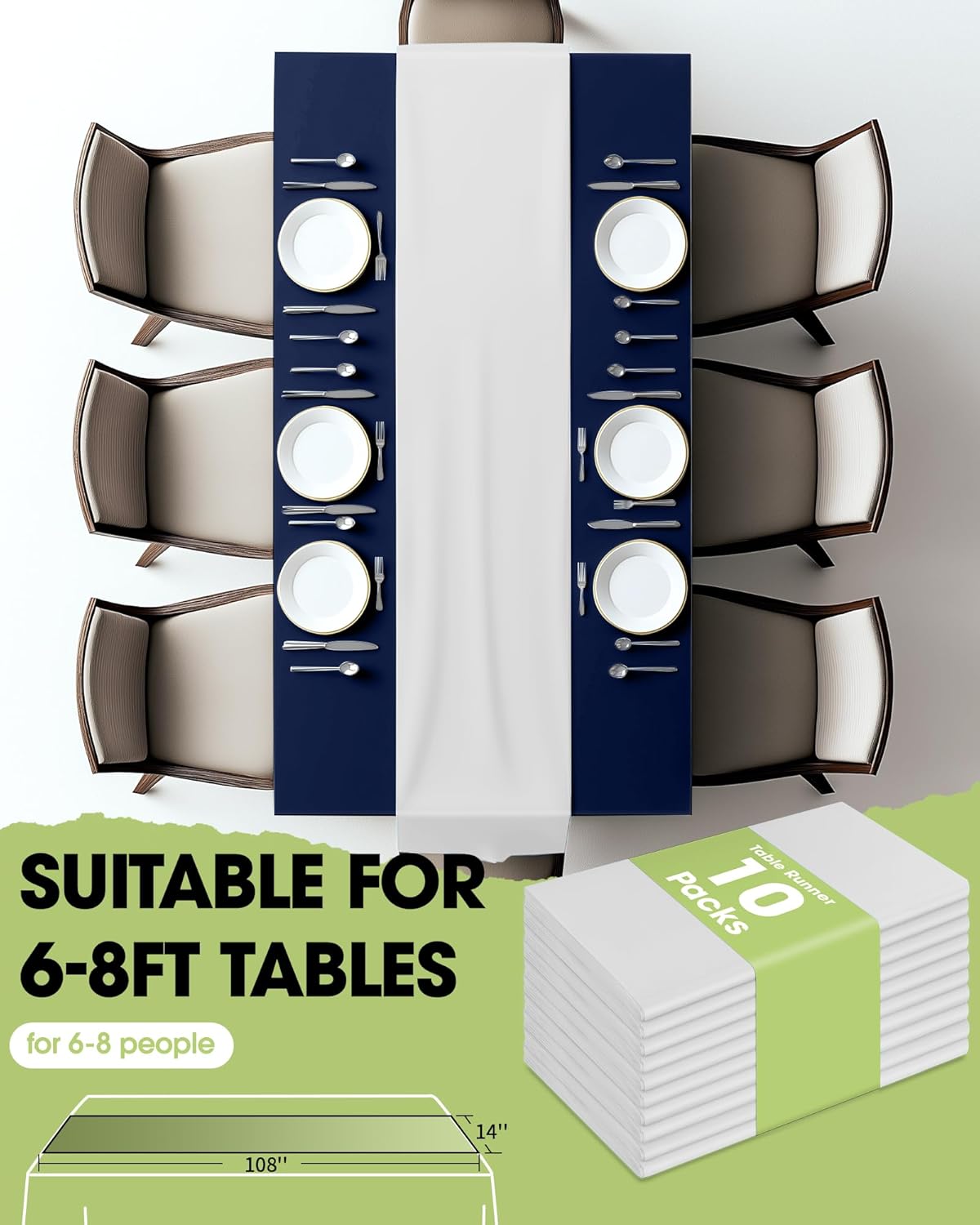 Pureegg White Plastic Table Runners - 10 Pack, 14'' x 108'', Water Resistant & Disposable