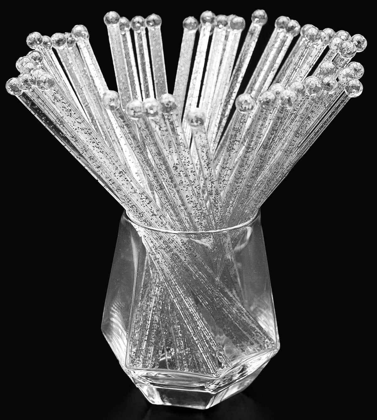 50-PCS Silver Glitter Plastic Swizzle Sticks, Crystal Cake Pops, Cocktail Coffee Drink Stirrers