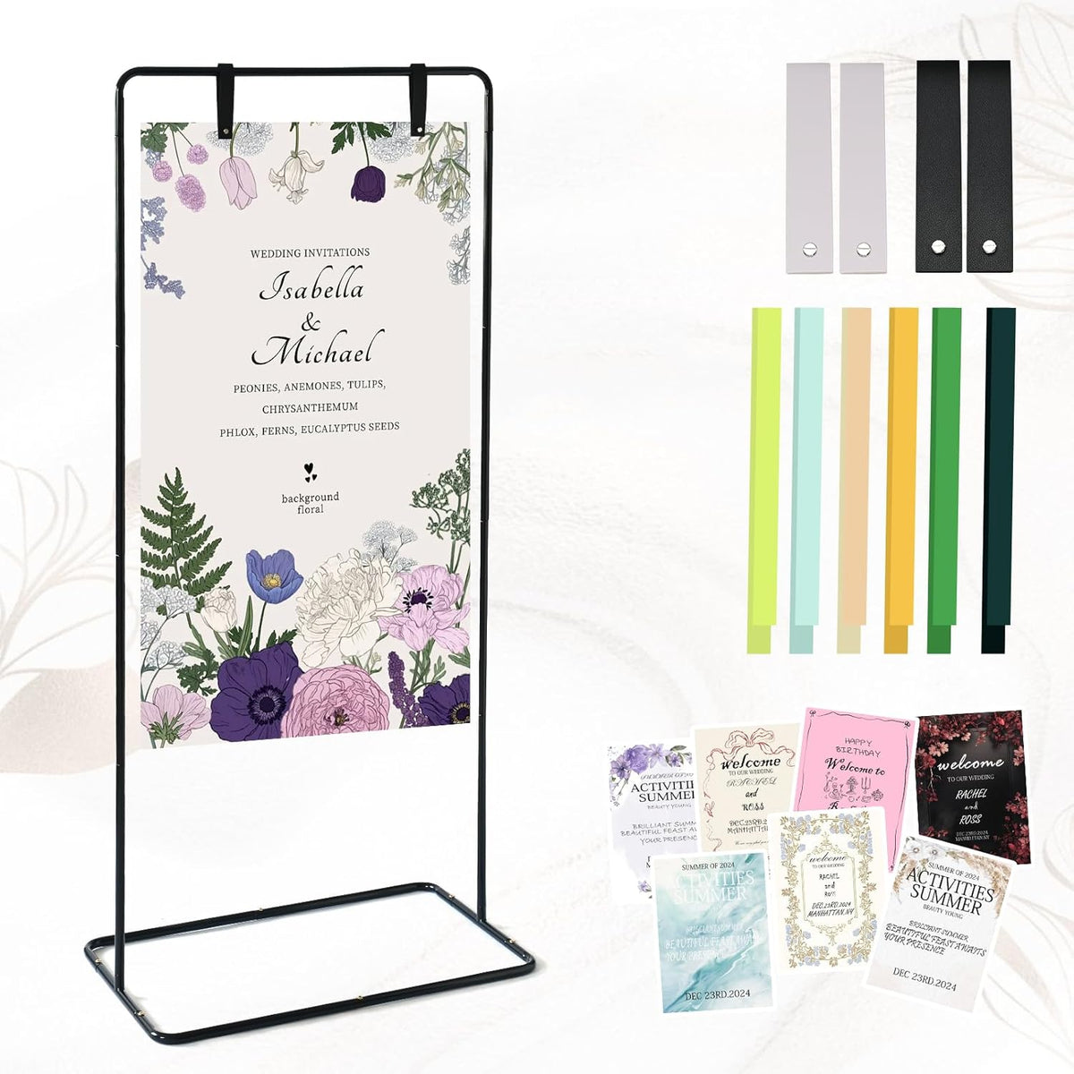 Wedding Sign Stand - Adjustable Wedding Sign W/Design Bundle & Leather Sign Hanging Straps, Durable