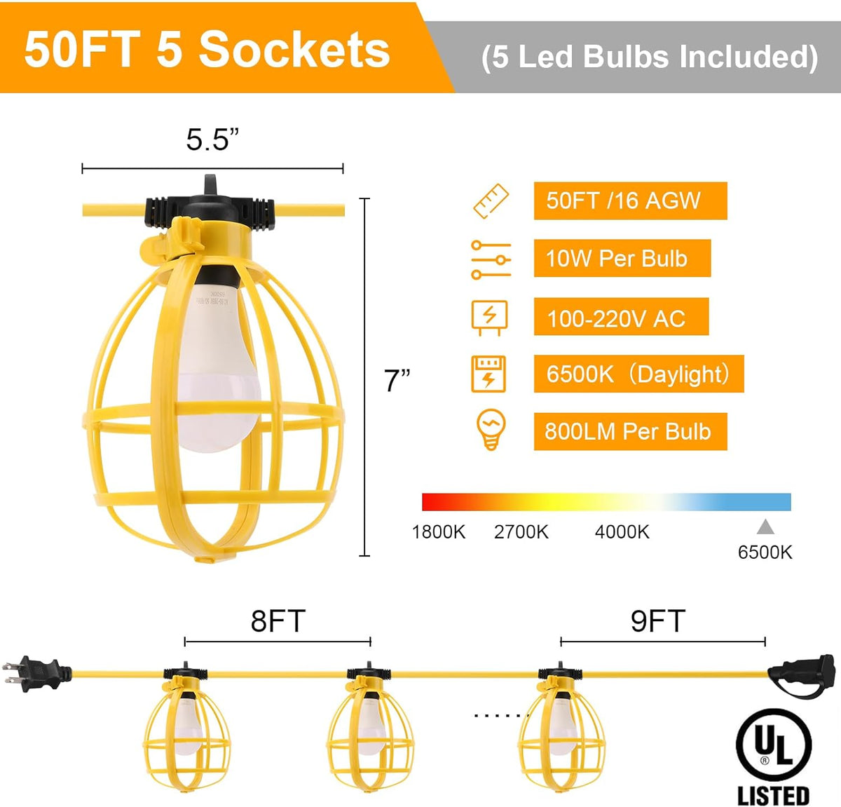 50FT Construction String Lights, 50W 5 Bulbs Work Lights with E26 Base, IP65 Waterproof, 4000LM